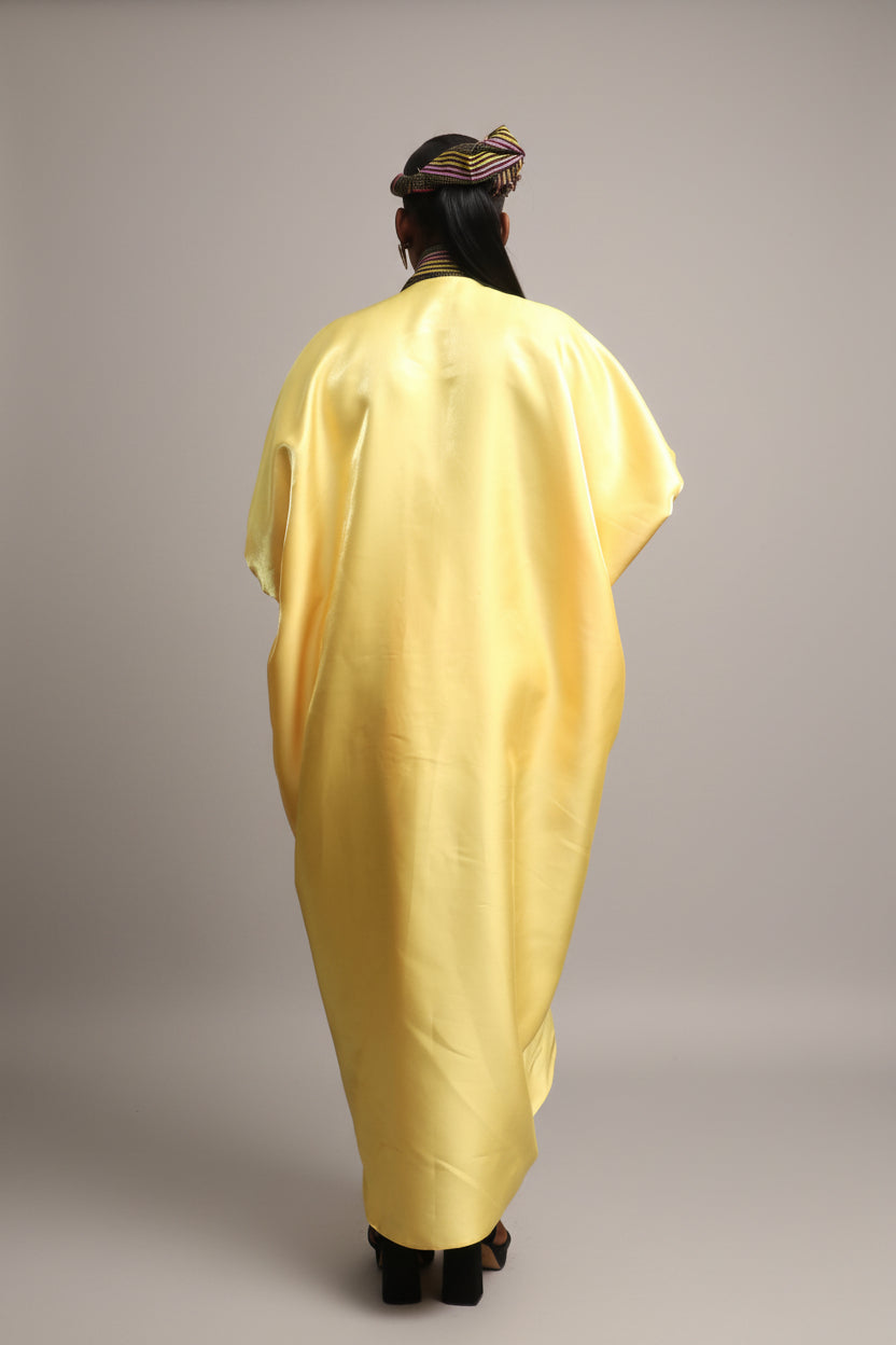 Yellow MOFE 2-Piece Liquid Mikado Aso-Oke Mix Boubou Dress and Twist Hat