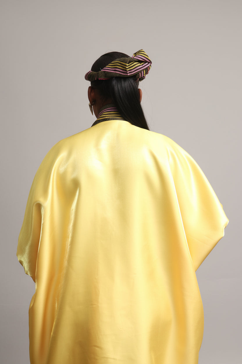 Yellow MOFE 2-Piece Liquid Mikado Aso-Oke Mix Boubou Dress and Twist Hat