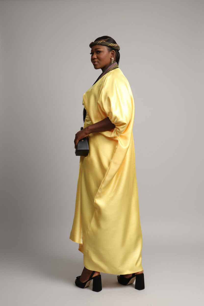 Yellow MOFE 2-Piece Liquid Mikado Aso-Oke Mix Boubou Dress and Twist Hat