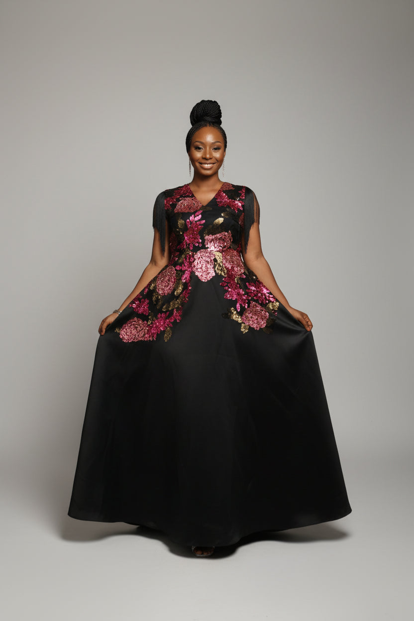 Black Mikado Floor length Rhinestoned Dinner Dress with Fringe Sleeves