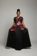 Black Mikado Floor length Rhinestoned Dinner Dress with Fringe Sleeves
