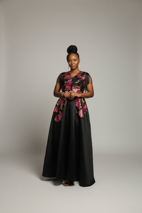Black Mikado Floor length Rhinestoned Dinner Dress with Fringe Sleeves