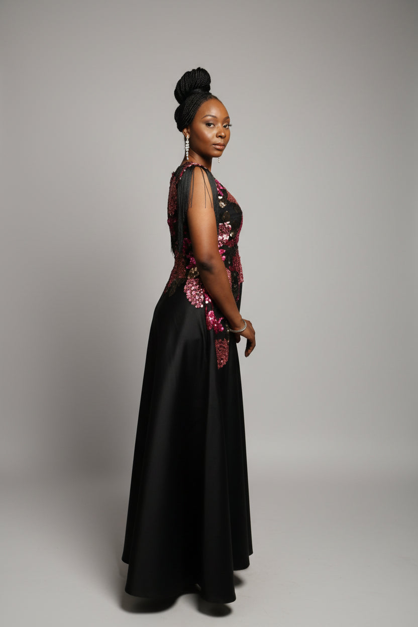 Black Mikado Floor length Rhinestoned Dinner Dress with Fringe Sleeves