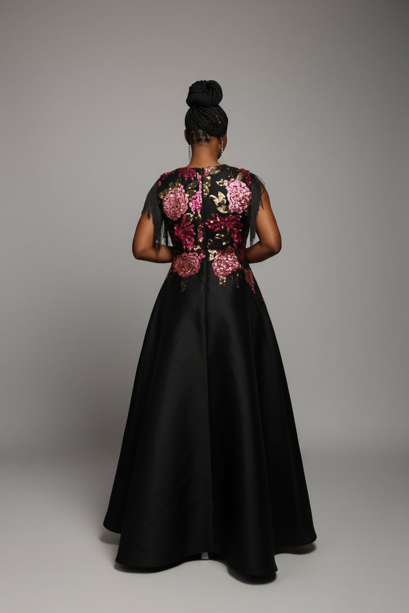 Black Mikado Floor length Rhinestoned Dinner Dress with Fringe Sleeves