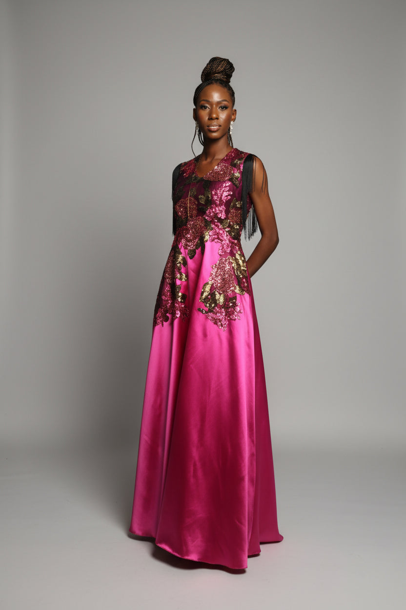 Pink Mikado Floor length Rhinestoned Dinner Dress with Fringe Sleeves