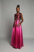 Pink Mikado Floor length Rhinestoned Dinner Dress with Fringe Sleeves