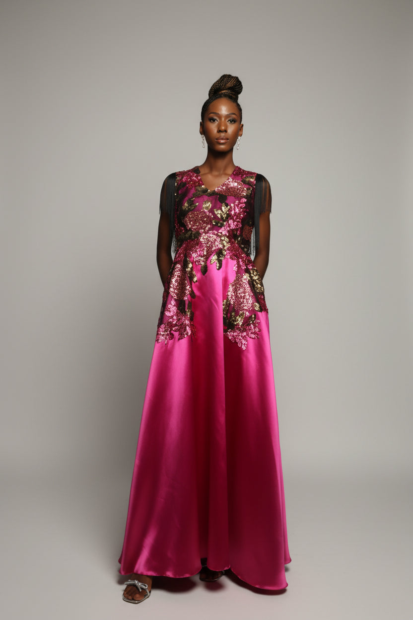Pink Mikado Floor length Rhinestoned Dinner Dress with Fringe Sleeves