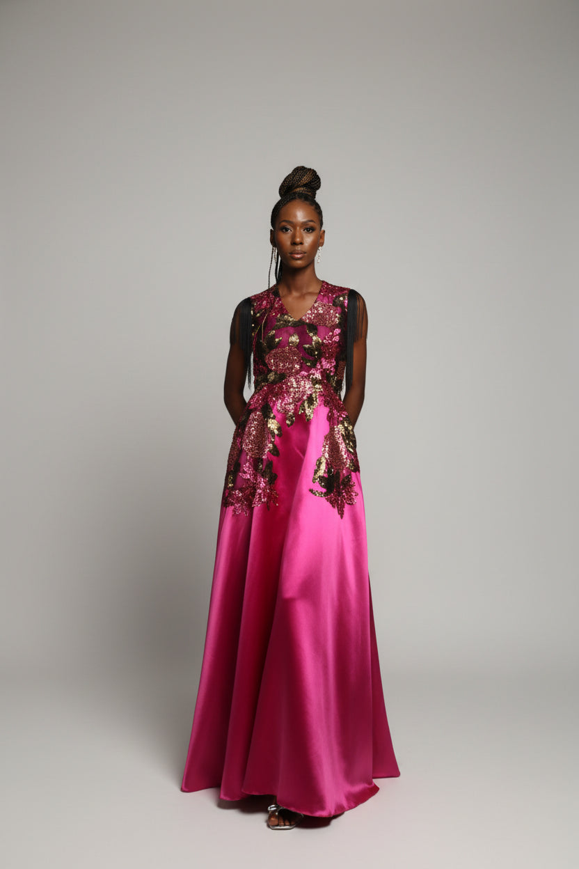 Pink Mikado Floor length Rhinestoned Dinner Dress with Fringe Sleeves – Adriel Lux US