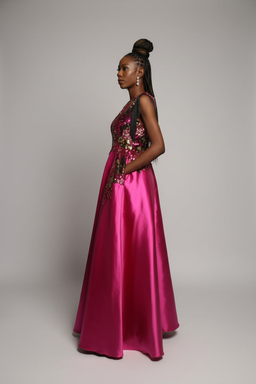 Pink Mikado Floor length Rhinestoned Dinner Dress with Fringe Sleeves