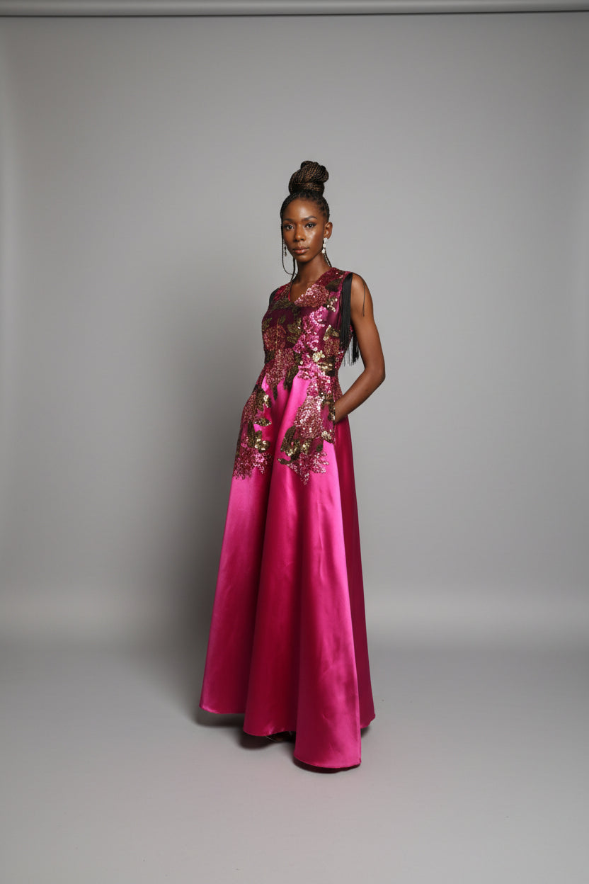Pink Mikado Floor length Rhinestoned Dinner Dress with Fringe Sleeves