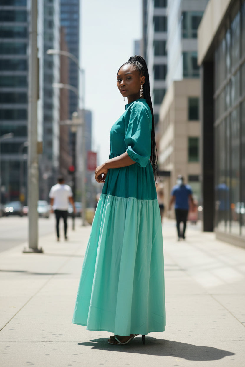 Color-Block Maxi Shirt Dress