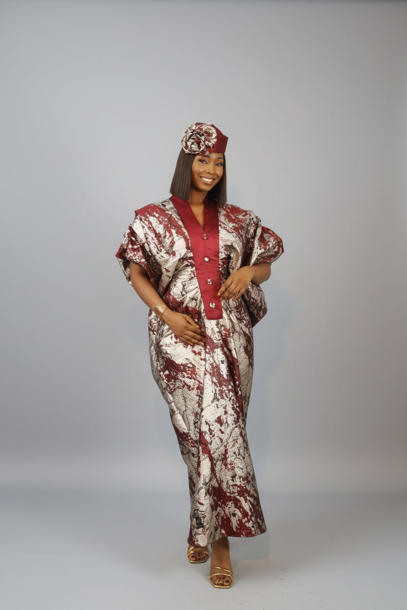 LYDIA 3-Piece Puff-Sleeve Brocade Boubou Dress With Button-Down Mikado Placke (Copy)