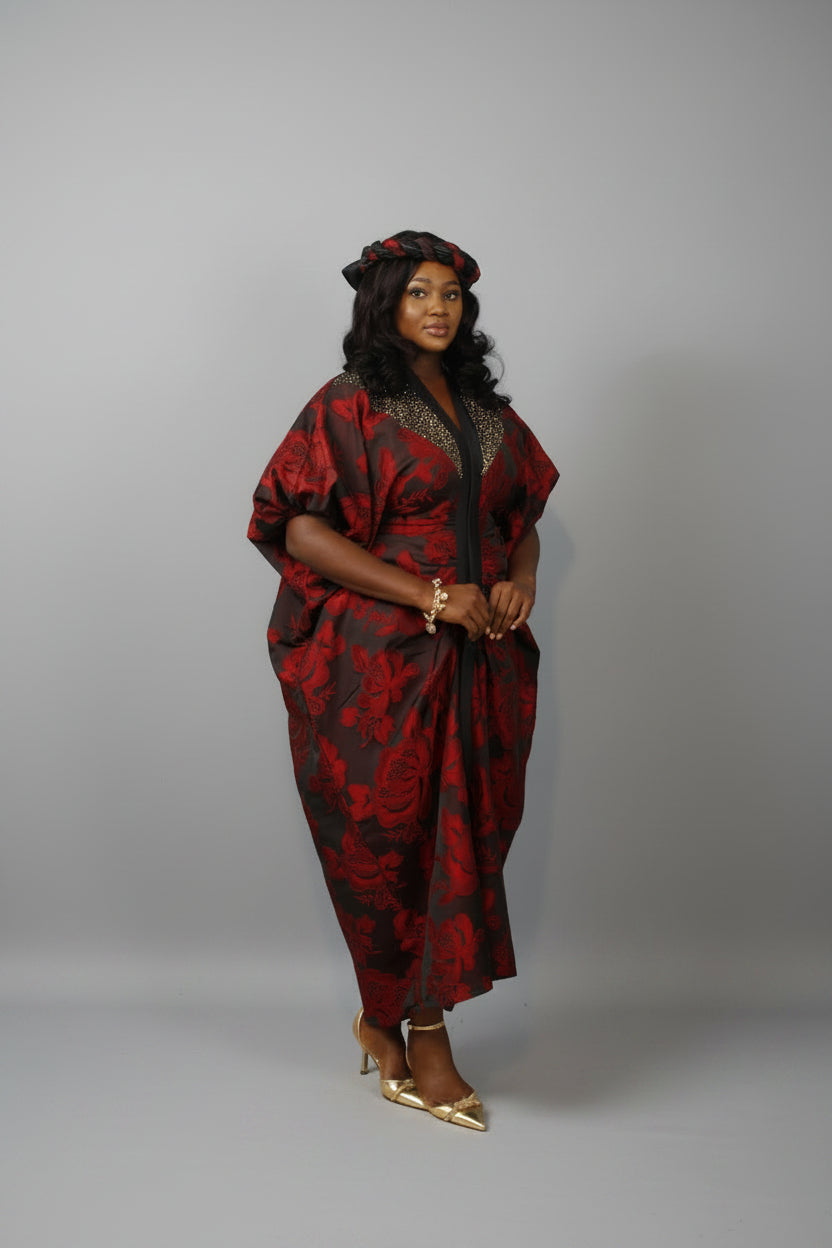 Red LAYO 2-Piece Lace Brocade Boubou With a Matching Turban