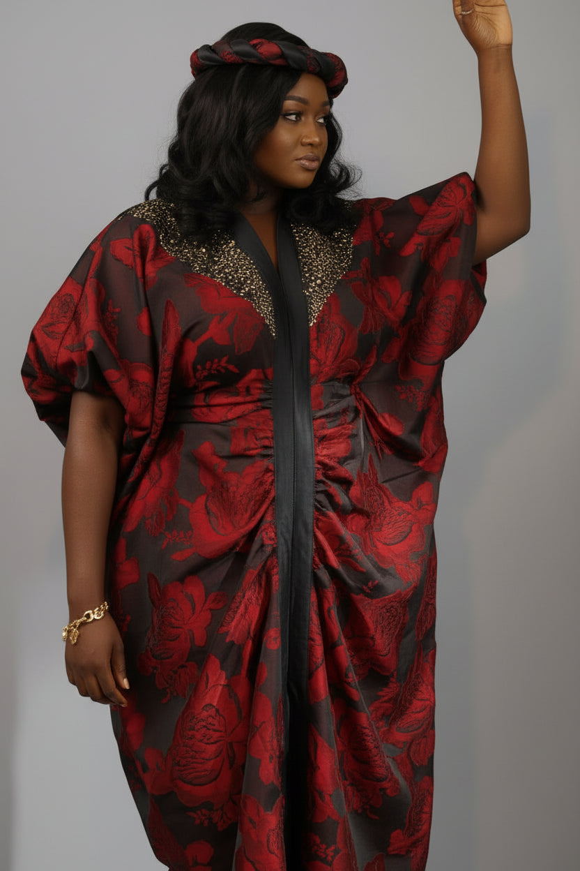 Red LAYO 2-Piece Lace Brocade Boubou With a Matching Turban